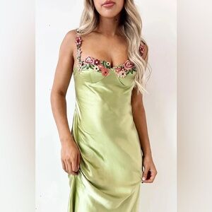 Commense Light Green Satin Slip Dress with Pink Floral Straps